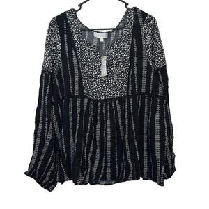 NWT Weekend Suzanne Betro Womens Long Sleeve White Black Blouse Size 2X Bohemian